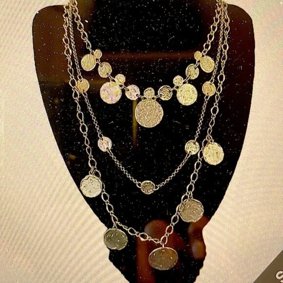 CHICO'S Statement Necklace. Multi strand textured “Coin” disc bib layered 21” - Picture 1 of 1